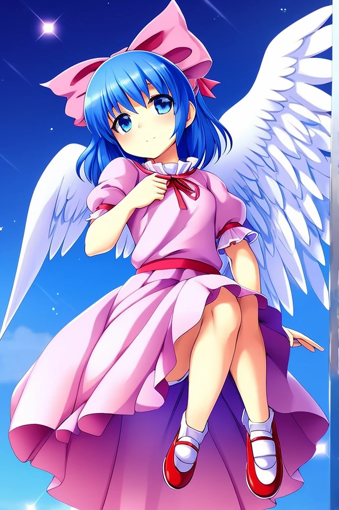 masterpiece, best quality, 1girl, , , , medium blue hair, hair flaps, pink ribbon on head, well-formed face, blue eyes, angel girl, white blouse, puffy short sleeves, red ribbon, angel wings, long white skirt, red shoes, frills, ribbon head