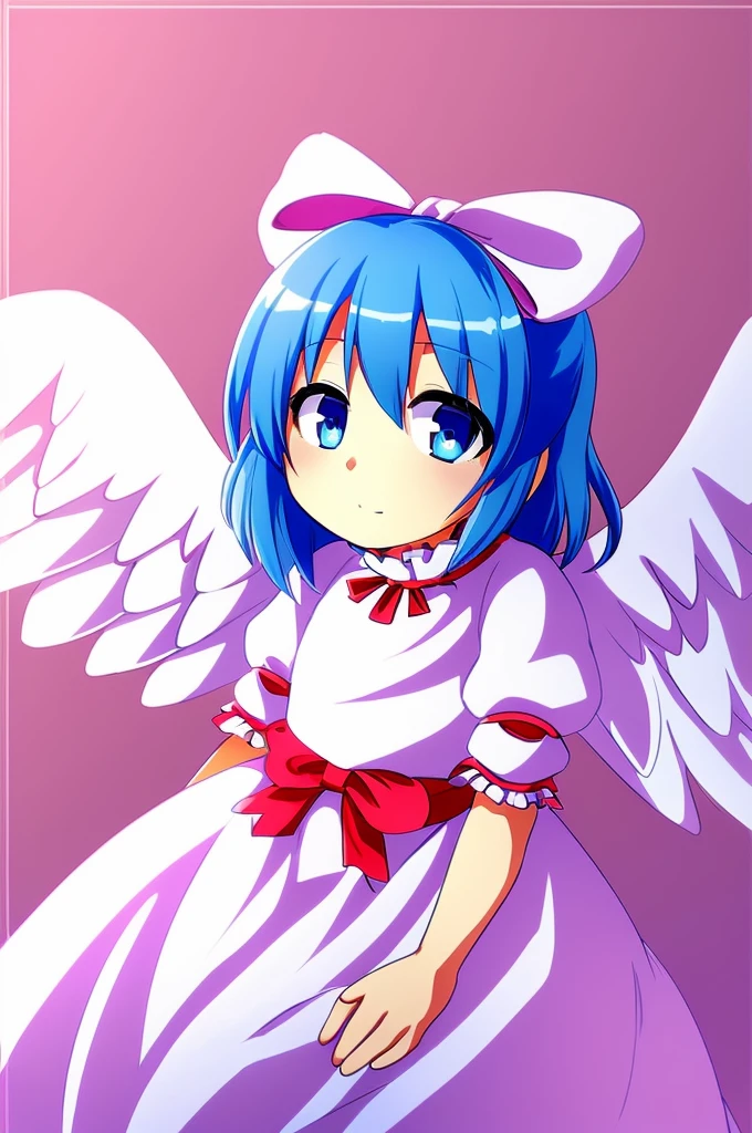 masterpiece, best quality, 1girl, , , 10 years old, medium blue hair, hair flaps, pink ribbon on head, well-formed face, blue eyes, angel girl, white blouse, puffy short sleeves, red ribbon, angel wings, long white skirt, red shoes, frills, ribbon head