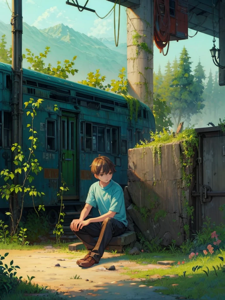 A boy sitting in an abandoned train station, plants, cats, sunny, diagonal lights, ruins