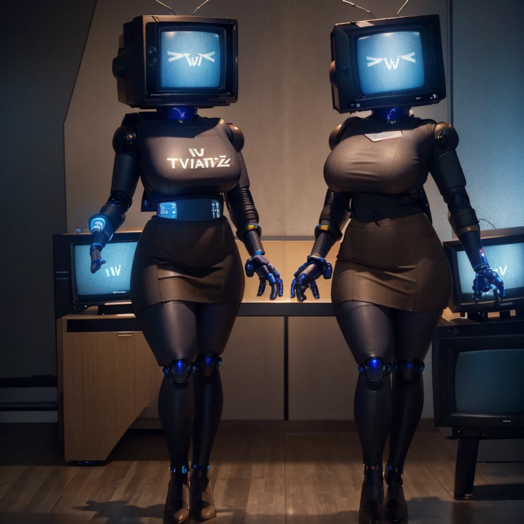 (masterpiece) (high Res), (robot), (Perfect face), (perfect anatomy), robot woman with a television head, in super tight clothes, (office suit), (mini skirt), shirt, tie, blue glowing eyes, huge breast, narrow waist, wide hips, thick thighs, Brown skin, metal body, black high heels, (TV Head), (tv girl), (Television Head)