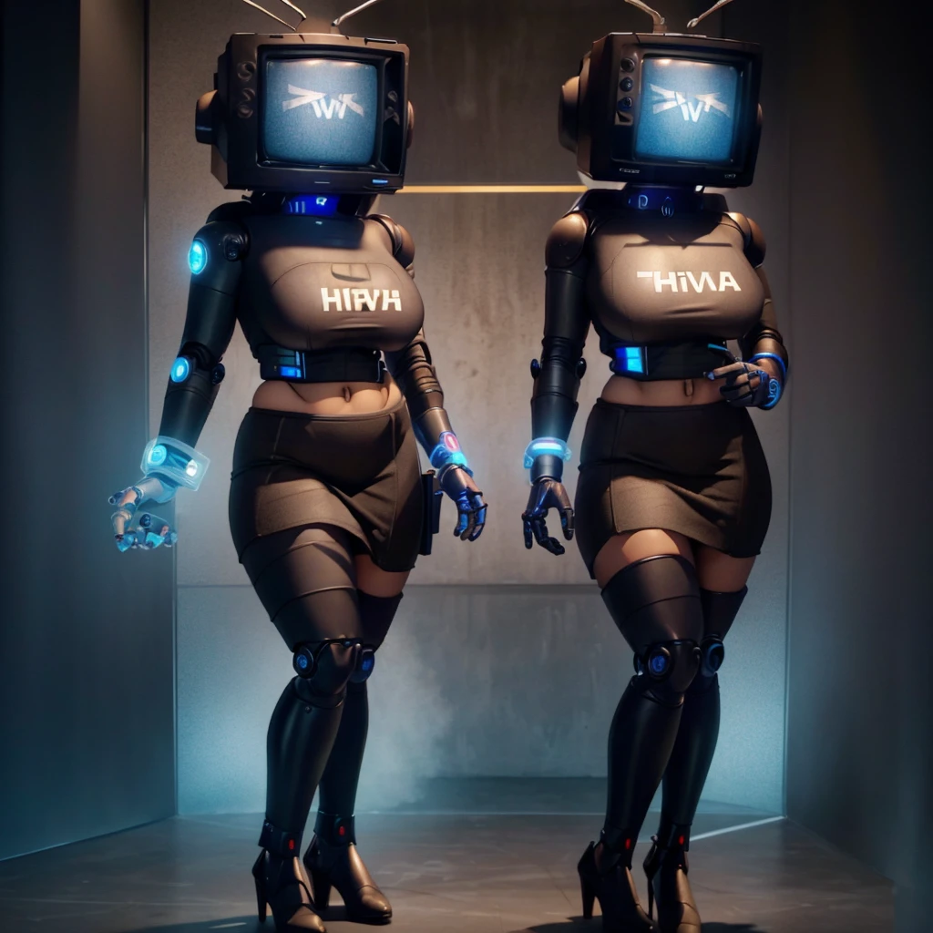 (masterpiece) (high Res), (robot), (Perfect face), (perfect anatomy), robot woman with a television head, in super tight clothes, (office suit), (mini skirt), shirt, tie, blue glowing eyes, huge breast, narrow waist, wide hips, thick thighs, Brown skin, metal body, black high heels, (TV Head), (tv girl), (Television Head)