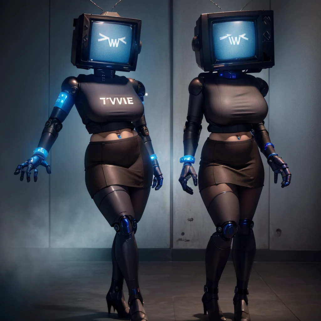 (masterpiece) (high Res), (robot), (Perfect face), (perfect anatomy), robot woman with a television head, in super tight clothes, (office suit), (mini skirt), shirt, tie, blue glowing eyes, huge breast, narrow waist, wide hips, thick thighs, Brown skin, metal body, black high heels, (TV Head), (tv girl), (Television Head)