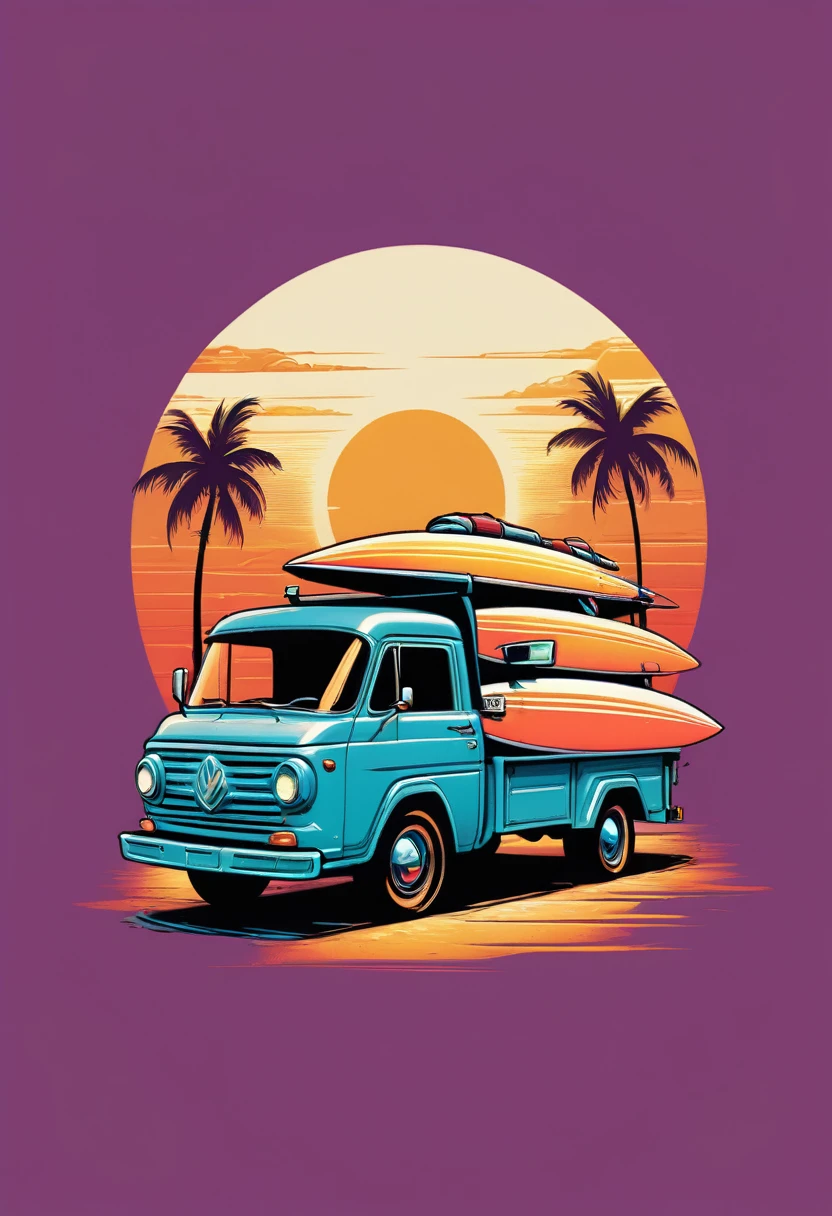 creative logo ilustration of an intricat truck car with , surfboard in the back, palms and sun, only four warm colors, digital art style by dan mumford, marcsimonetti, frank frazetta, sketch, high definition, negative space, logo style, T-shirt design