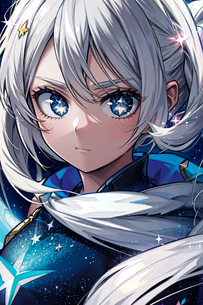 1.5, best quality, high quality, High definition, High quality texture, high detail, beautiful detailed, finely detailed, extremely detailed cg, detailed texture, ((ANIME)), 1girl, woman, female, ((stars)), starry hero suit, hero name: Stargazer, light grey hair, long hair, sparkling eyes, kind, beautiful, confident, close up, portrait, starry quirk