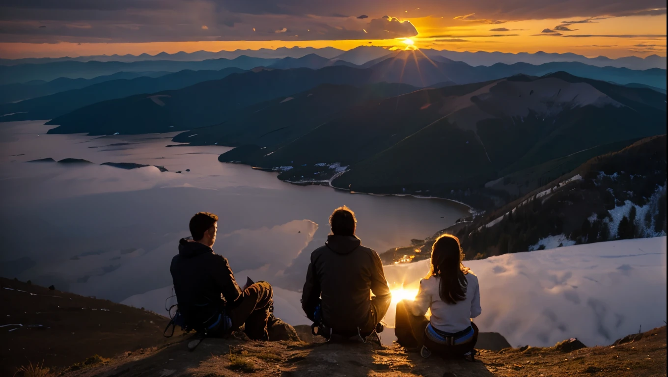 Three climbers on a steep mountain top. Contemplating the sunsets. views. backlighting. Intense colors.