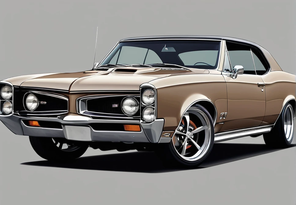 Taupe colored 1967 Pontiac GTO , pop art, cartoonish style , sketch, detailed illustration, large wheels, slammed to the ground, wide bodykit, masterpiece, highly detailed ((([simple  grey background])))
