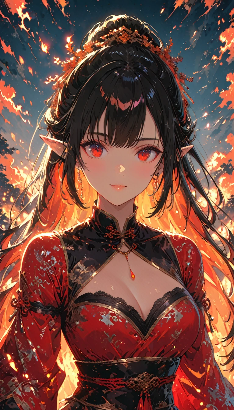 ((half body Portrait of a fire elf)), animestile, red flowing hair, shiny red eyes,( medium length pointy ears),orange fire around, flaming theme, burning atmosphere, (detailed sexy Chinese style costume:1.2), red glowing tattoos, orange crystal jewelry, light smile, mature body, colorful ,by Mappa studios,masterpiece,best quality,official art,illustration,ligne claire,(cool_color),perfect composition,absurdres, fantasy,focused,rule of third, close up portrait