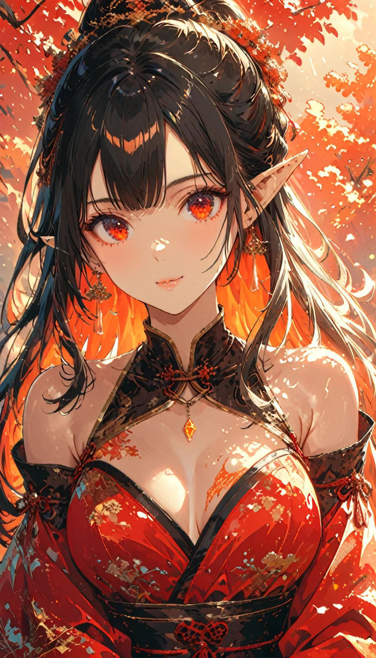 ((half body Portrait of a fire elf)), animestile, red flowing hair, shiny red eyes,( medium length pointy ears),orange fire around, flaming theme, burning atmosphere, (detailed sexy Chinese style costume:1.2), red glowing tattoos, orange crystal jewelry, light smile, mature body, colorful ,by Mappa studios,masterpiece,best quality,official art,illustration,ligne claire,(cool_color),perfect composition,absurdres, fantasy,focused,rule of third, close up portrait