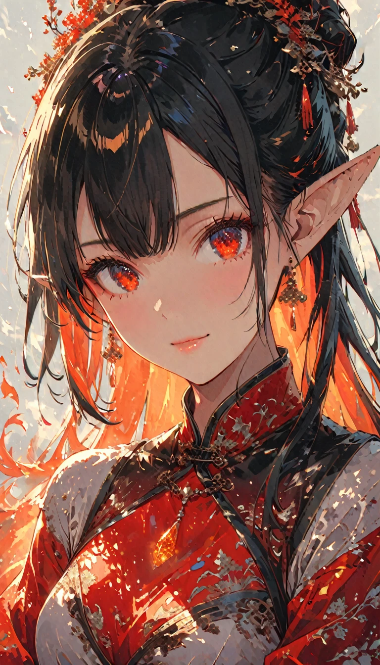((half body Portrait of a fire elf)), animestile, red flowing hair, shiny red eyes,( medium length pointy ears),orange fire around, flaming theme, burning atmosphere, (detailed sexy Chinese style costume:1.2), red glowing tattoos, orange crystal jewelry, light smile, mature body, colorful ,by Mappa studios,masterpiece,best quality,official art,illustration,ligne claire,(cool_color),perfect composition,absurdres, fantasy,focused,rule of third, close up portrait