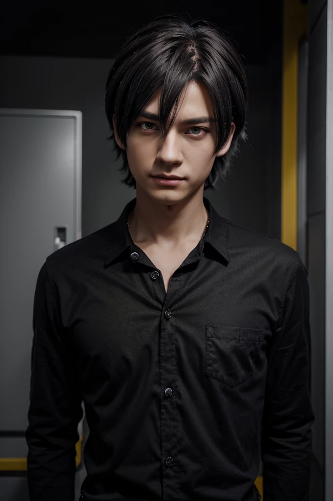 Create fanart, Male character, black to grayish hair, dark red eyes, black shirt with yellow buttons on the neck and long sleeves, wearing dark gray pants, make like an anime