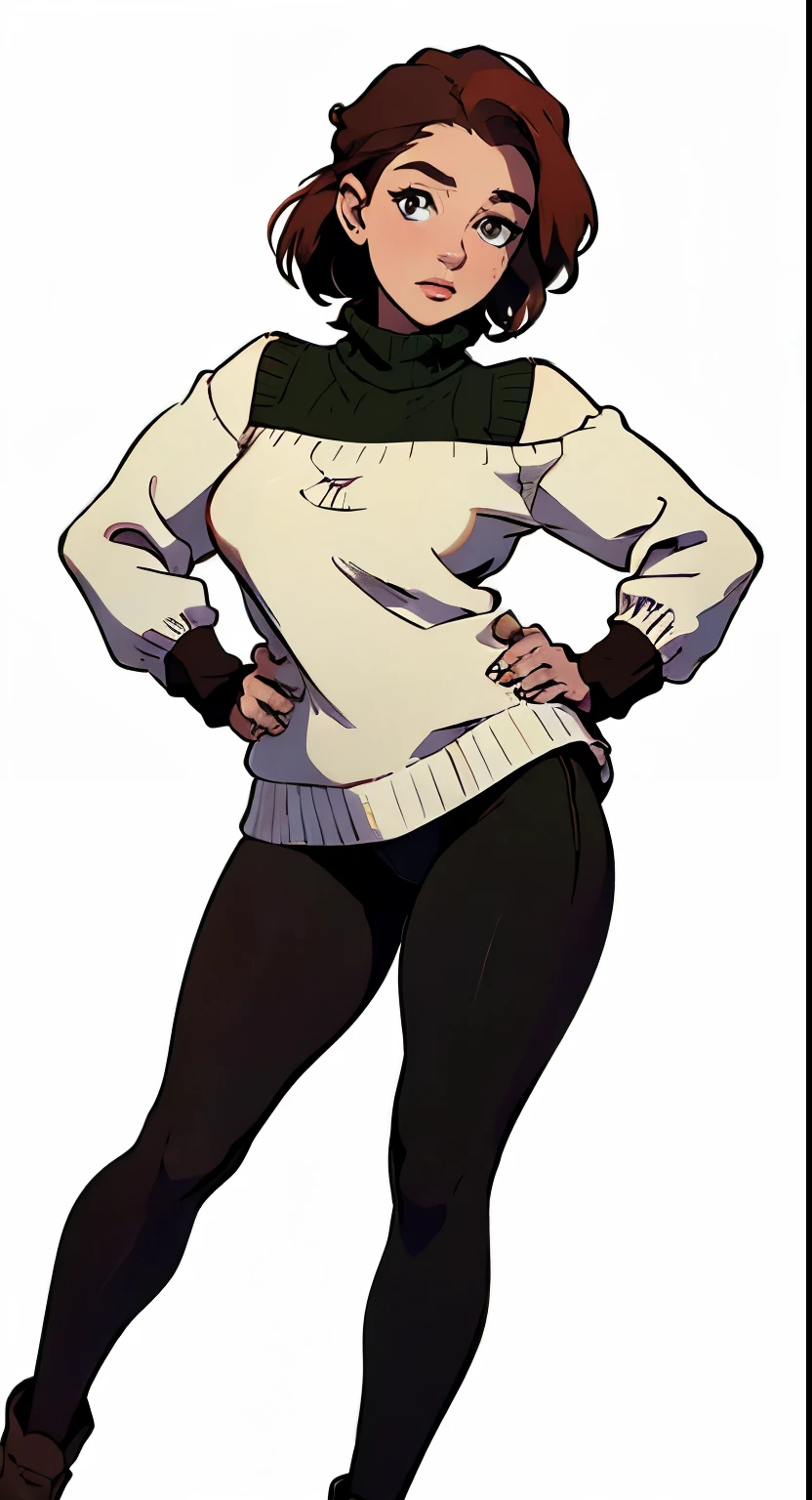 Fmasterpiece, best quality, full body,1girl,the highest image quality, 21-year-old woman, looks like Emilia Clarke with brown skin, red hair, short brown hair, light brown eyes, oversized green sweater and black gym tights, large breasts, White background, empty background whole body , neutral pose, happy expression