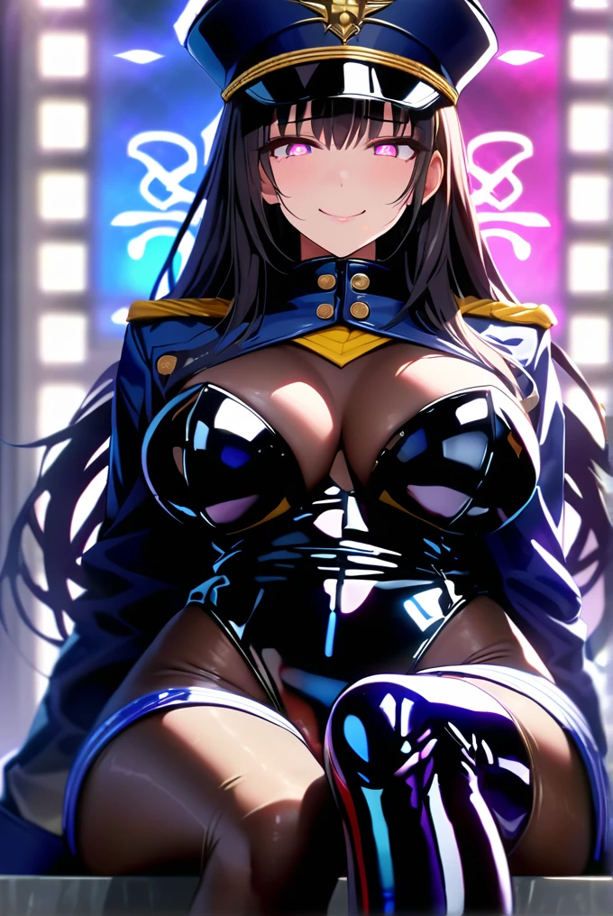 masterpiece, best quality, 1lady,black hair,long hair,glowing eyes, (finely detailed empty pupils and detailed face),,,,extremely detailed picture unity 8k wallpaper,solo,(latex military costume:0.9),large breasts,seductive smile,military hat,latex thighhigh,large breasts,black hair,pink eyes,black leotard,pantyhose,military coat,enamel suits,grossy lips,sitting,bust shot,sadistic smile,footjob
