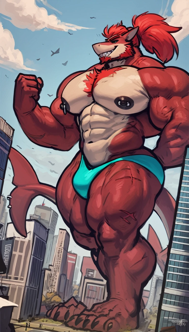 bright red colored bara shark, white countershade, red skin, large hairy pecs, strong physique, tribal tattoos, scarlet samurai hair in ponytail, cyan colored eyes, black sclera, very muscular, perfect anatomy, scars on body, full body view in frame, nipple piercings, solo, masterpiece, sexy pose, manly pose, beard, strong jaw, thick thighs, giant biceps, huge hairy pecs, muscular, smirking, smug expression, shark tail, from above perspective, flexing muscles, kaiju, macro, tall, incredibly huge, insane height, height difference, insanely tall, 10 thousand foot height, in tiny city, faraway angle, correct perspective, intense height, very small city, wearing thong, grin, amazing shading, full body, detailed hands, detailed eyes, detailed face, detailed arms,anthro, muscular, abs, (detailed:1.5), male, detailed background, by ZomaCaius, by meesh, by sligarthetiger by zackary911, by nightterror