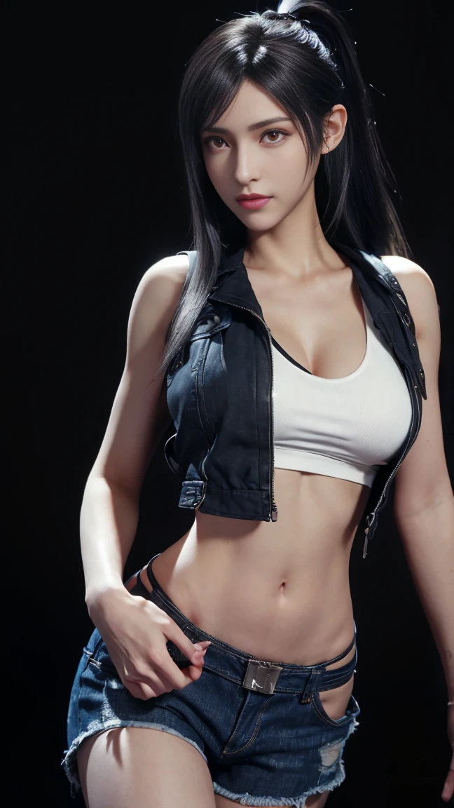 8K, Top Quality, Intricate Details, Ultra Detail, Ultra High Resolution, Masterpiece, close up shot, (full body: 1.1), Slender, Smile, (Makeup: 0.4), (walking), (Fluffy Eyes: 1.21), ((bangs)), 1girl, solo, 1 girl, (((red eyes, black hair, bangs, long hair, high ponytail)), ((Tifa,Tifa・lockhart,Final Fantasy 7,FF7,l)), close up shot, , ((tall)), (((fit body))), (((slim face))), sharp face, (( , torn denim , open denim vest, open denim pants, open zip, no bra, no panties, no inwear, no underwear)) , (detailed face), sharp face, small lips, ( walking), walk pose, walking pose,
((, )), , ((,)), detailed face, detailed breast, large breast, huge breast, (( )), detail ass, Narrow Waist, Skinny, tall , 175 cm tall, Muscular, Navel, Exposed Abdomen, Pointed Chest,, Beautiful girl with accentuated slender abs: 1.4, Six Pack Abs: 1.4,, Perfect Body, detail leg, (( dark background)), black background,
