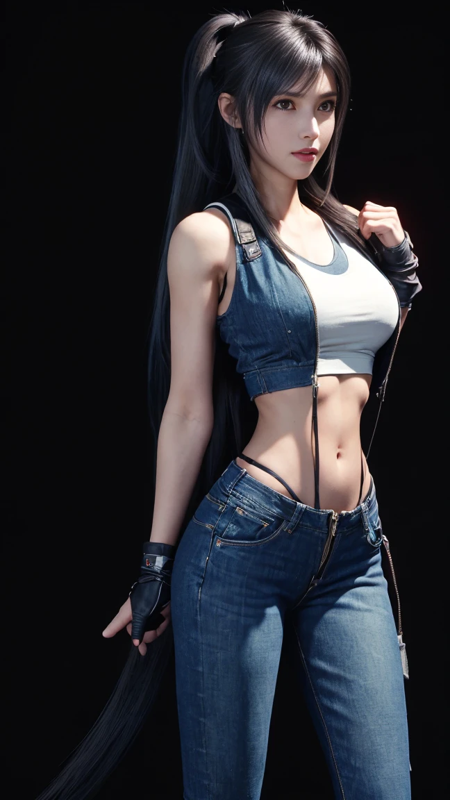8K, Top Quality, Intricate Details, Ultra Detail, Ultra High Resolution, Masterpiece, close up shot, (full body: 1.1), Slender, Smile, (Makeup: 0.4), (walking), (Fluffy Eyes: 1.21), ((bangs)), 1girl, solo, 1 girl, (((red eyes, black hair, bangs, long hair, high ponytail)), ((Tifa,Tifa・lockhart,Final Fantasy 7,FF7,l)), close up shot, , ((tall)), (((fit body))), (((slim face))), sharp face, (( , torn denim , open denim vest, open denim pants, open zip, no bra, no panties, no inwear, no underwear)) , (detailed face), sharp face, small lips, ( walking), walk pose, walking pose,
((, )), , ((,)), detailed face, detailed breast, large breast, huge breast, (( )), detail ass, Narrow Waist, Skinny, tall , 175 cm tall, Muscular, Navel, Exposed Abdomen, Pointed Chest,, Beautiful girl with accentuated slender abs: 1.4, Six Pack Abs: 1.4,, Perfect Body, detail leg, (( dark background)), black background,