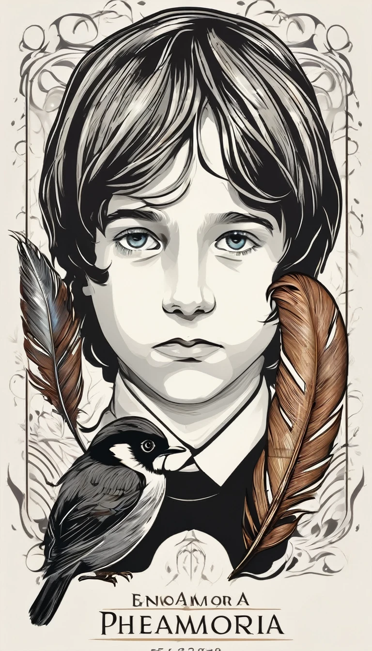 Design a logo that captures the magic of storytelling and the importance of memory, encapsulating the brand 'Penamemoria'. The logo should be simple, memorable, timeless, and versatile, working well in both print and digital formats. Should include the face of a boy and a bird feather