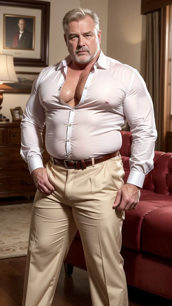 (best quality,4k,8k,highres,masterpiece:1.2), age 60, white man sheriff , horny disgusting, muscular chubby, kind, opened red silk shirt , mature daddy, Dress Pants with big bulge, hairy chest hard nipple, belt, loafer,