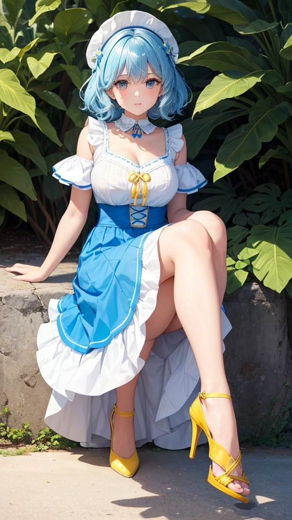 a cute girl beautiful attraction big chest blue hair Caribbean short round wearing shell hair her bright blue eye she dresses in a white shirt yellow lace thread collar and her long blue skirt sea shape yellow heel