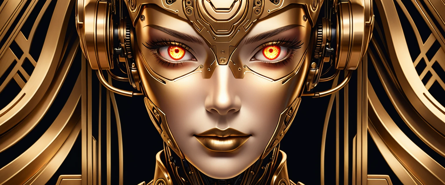 cyborg woman face portrait glowing eyes brass bronze art deco