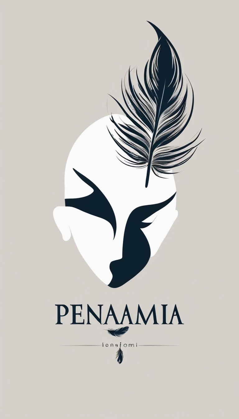 A minimalist, fantastic, poetic, dreamy, captivating, memorable, masterpiece, modern, simple logo design of a boy and a feather for the brand “Penamemoria". The logo must convey a sense of music, stories and dreams. Minimalistic logo design of a boy and a feather.