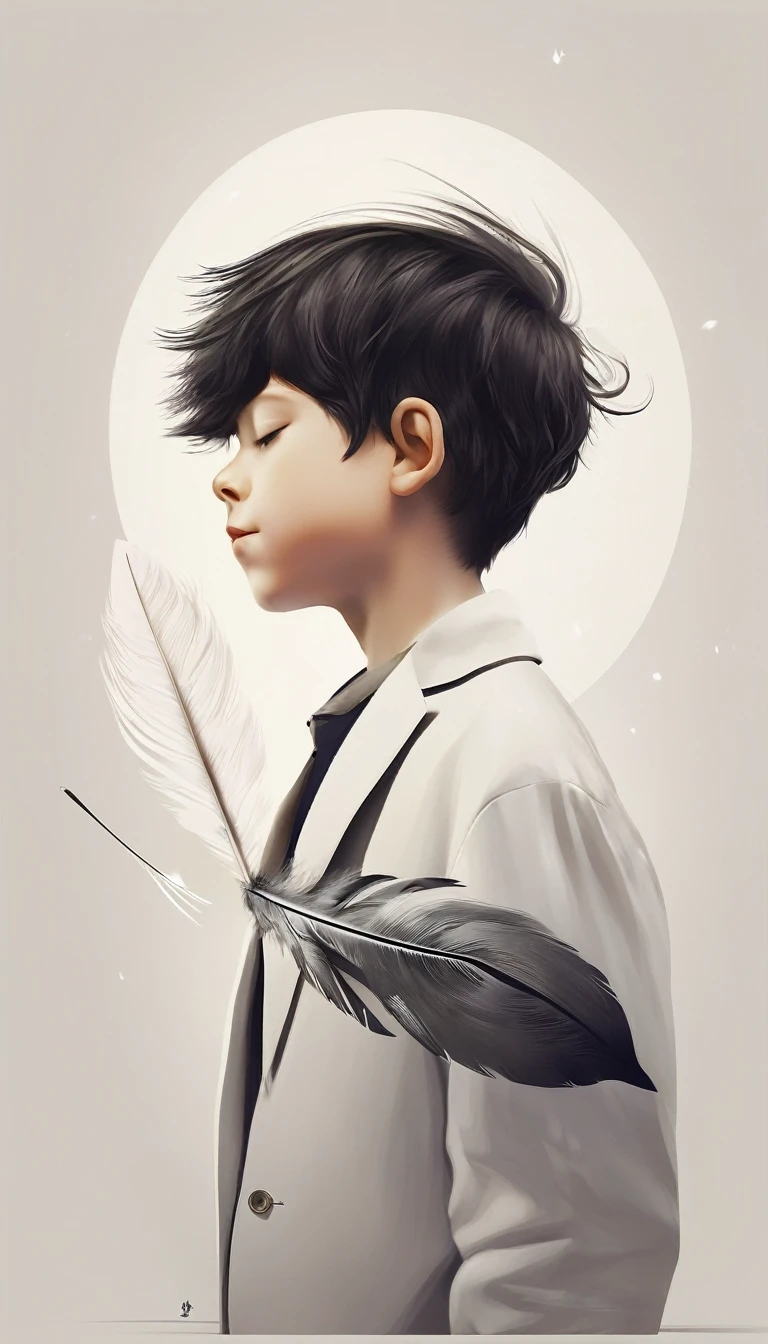 A minimalist, fantastic, poetic, dreamy, captivating, memorable, masterpiece, modern, simple logo design of a boy and a feather for the brand “Penamemoria". The logo must convey a sense of music, stories and dreams. Minimalistic logo design of a boy and a feather.