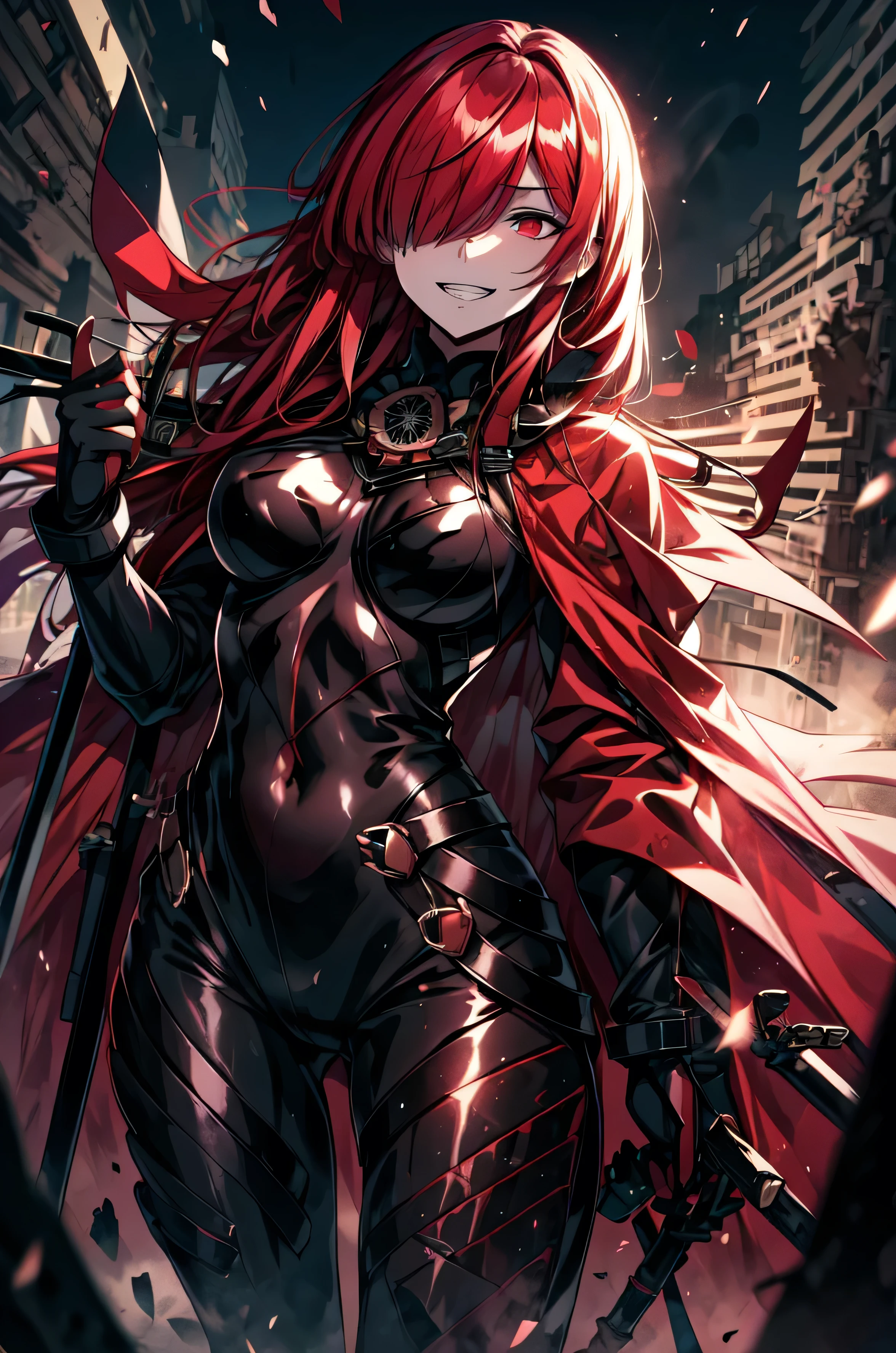 1 girl, cowboy shot, rubble ruins, anger, (battle preparation:1.2), open your mouth, (night:1.2), explosive inflammation, woman, red hair, long hair, anime, red eyes, comics, solo, hair over one eye, cape, red cape, bodysuit, bangs, grin, ((black bodysuit)), holding a Japanese sword in both hands, highest quality, masterpiece, High resolution, 