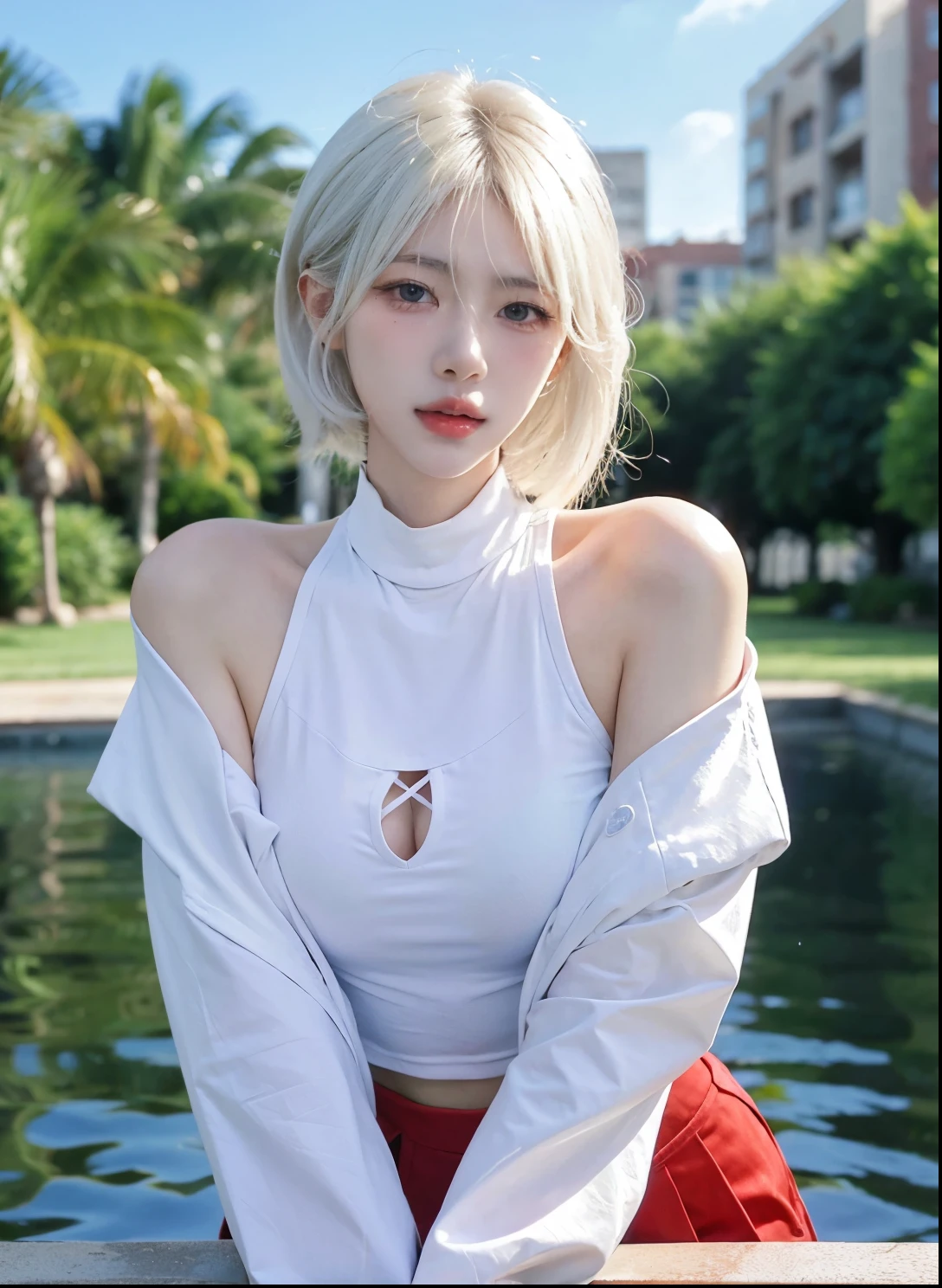 Beautiful woman with perfect figure:1.4,Swimming background,Desert Background,Ultra-high resolution,Seductive laughter,wear glasses,White legs,(lifelike:1.4),Layered Hairstyle,White skin,Black mini pleated skirt,whole body,Very delicate face and skin texture,Double eyelids,Skin Whitening,Long hair,White hair,White,