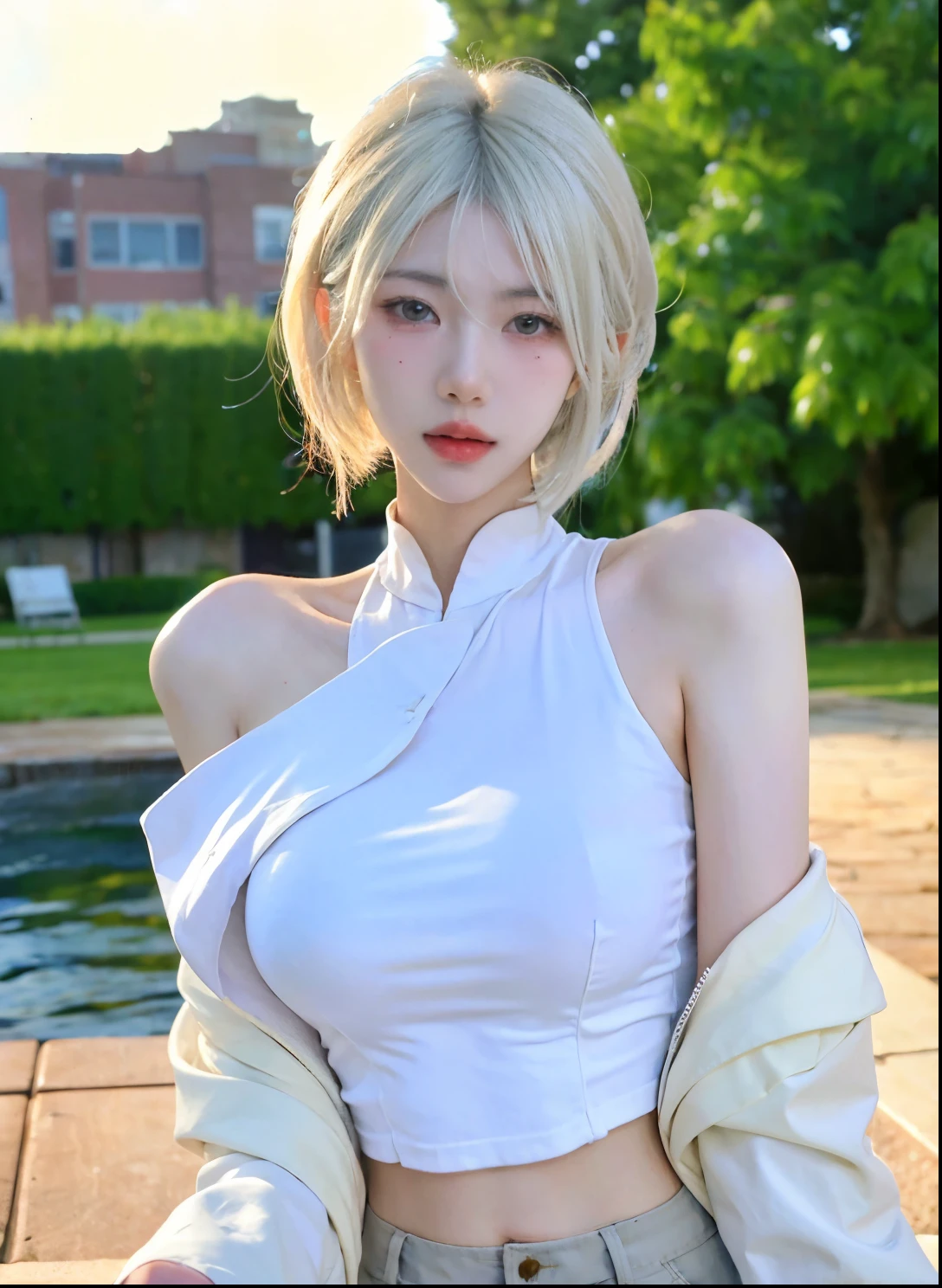 Beautiful woman with perfect figure:1.4,Swimming background,Desert Background,Ultra-high resolution,Seductive laughter,wear glasses,(lifelike:1.4),Layered Hairstyle,White皮肤,Super short pleated skirt,whole body,Very delicate face and skin texture,Double eyelids,Skin Whitening,Long hair,White hair,White,