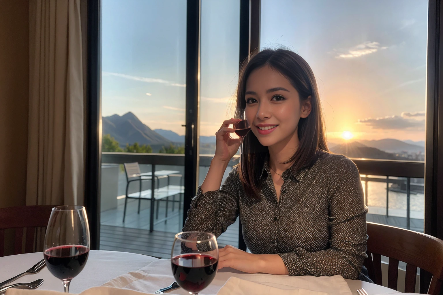 ((Highest quality、8k、masterpiece:1.3))、cute、Slim couple、Model Couple、Actress、(Realistic, Intricate details:1.2), full-course dinner、Wine 、Amazing view of the sunset sky and clouds、A bright smile、short hair,Bright Face、 (45 years old), 48 years old, 赤Wine 、Appetizers、Italian food、Wine bottle、Champagne、スパークリングWine、Two beauties、Brown Hair、Shortcuts、Long sleeve shirt、dress、Beautiful woman 1, (Slim face), (The body is slim), (Brown Hair), (Shortcuts), cheeks turn a little red,Attractive beauty、restaurant, In a prominent place (From the waist up) Nova Frog Style, actress, model, Upper Body, 白Wine, slim, Wineグラス, 中央に置かれたWineグラス, smile, (smile: 1.15), Beautiful fine grain, Depth f/2,saturation, High Contrast, Strong light and shadow,Moist Body:1.5、3D texture、Delicate eyes、Brown Hair、The hair is very shiny、