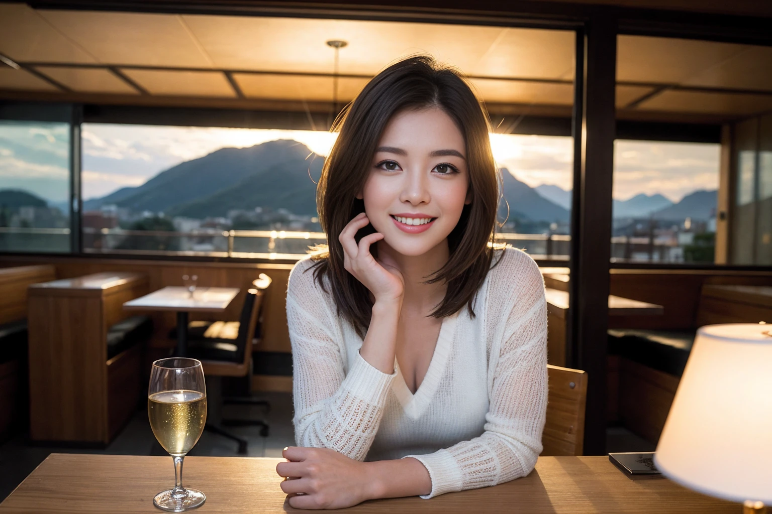((Highest quality、8K、masterpiece:1.3))、Sharp focus:1.2、Beautiful woman perfect body:1.4、Lovers、Beautiful couple、slimなボディ、((Bob Hale、Straight hair:1.2))、(to be born, Highest quality, masterpiece:1.5), (Realistic, Intricate details:1.2), テーブルにwine glass、Shine light on your face、 Amazing view of the sunset sky and clouds、Amazing mountain views、ニコニコ明るいsmile、smileの素敵な女性、Bright image、2. The beauty of wine, Beautiful Face, blue eyes, The light shines on your face, Blushing, short hair,Bright Face、Fox face、43 years old), 39 years old, Lady、red wine 、Appetizers、Italian food、Wine bottle、Champagne、sparkling wine、Two beauties、Brown Hair、Shortcuts、Long sleeve shirt、dress、Beautiful woman 1, (slimな顔), (The body is slim), (Brown Hair), (Shortcuts), cheeks turn a little red,Attractive beauty、, Out of the window, Beautiful and detailed night view.........., restaurant, In a prominent place (From the waist up) Nova Frog Style, actress, model, Upper Body, White wine, slim, wine glass, 真ん中に置かれたwine glass, smile, (smile: 1.15), Beautiful fine grain, Depth f/2,saturation, High Contrast, Strong light and shadow,Moist Body:1.5、 texture、Delicate eyes、Brown Hair、The hair is very shiny、