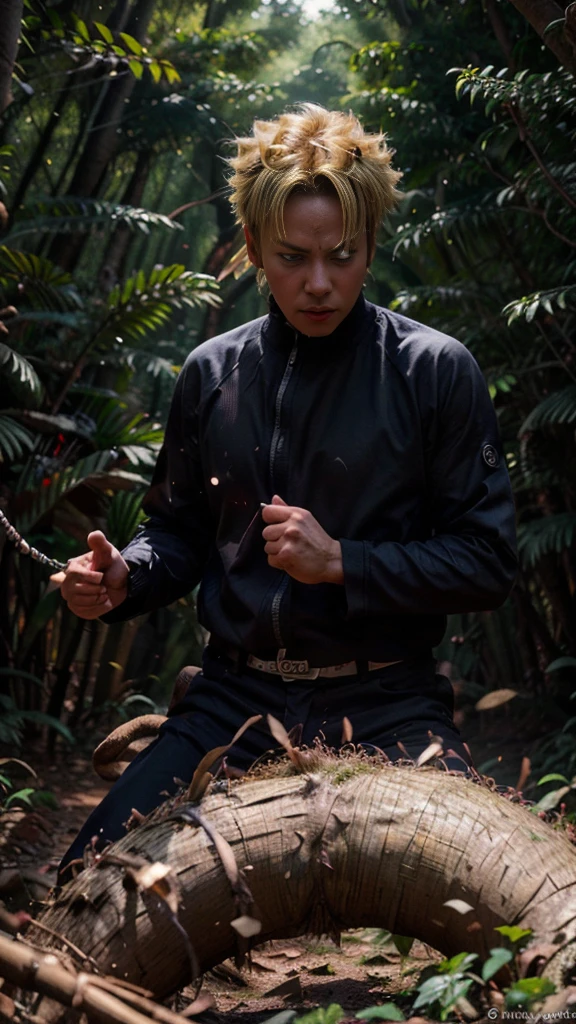 (best quality), (masterpiece), ultra-detailed, 1boy, uzumaki naruto, epic pose, action, combat, energy ball, particle effects, long sleeve, emphasis lines, movement lines, (swirling:1.2), kamehameha, electricity, aura, conbat in the forest vs samurai 1.4, combat in the forest bamboo,