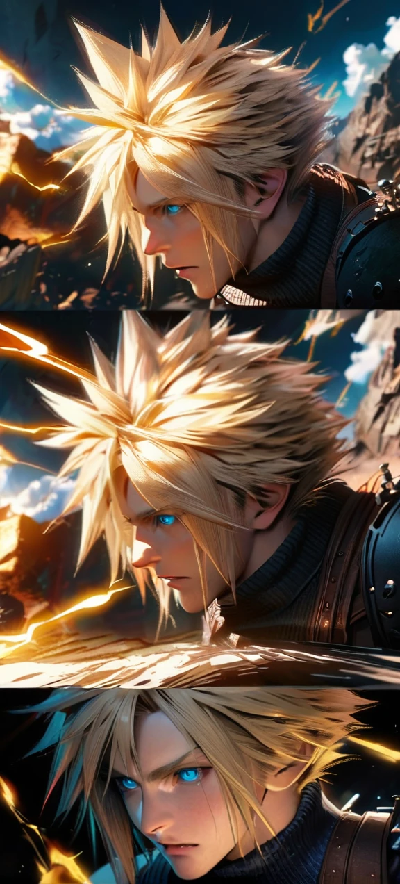 Symetrical,absurdres, highres, ultra detailed, HDR, masterpiece, extremely detailed face and eyes, Cloud Strife,final fantasy 7, yellow hair , , solo, man, handsome, ,, , Epic fight scene, yellow lightning effect, glowing glitters, symetrical , close up