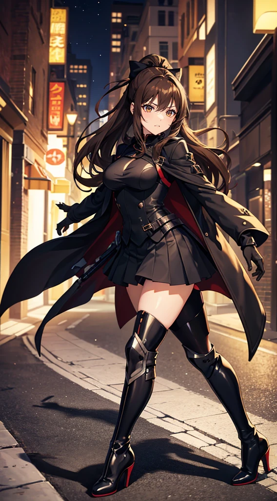 Anime woman with brown hair wearing black armor, a black coat, black skirt , ponytail, bow and high heel boots, assasin on a street at night