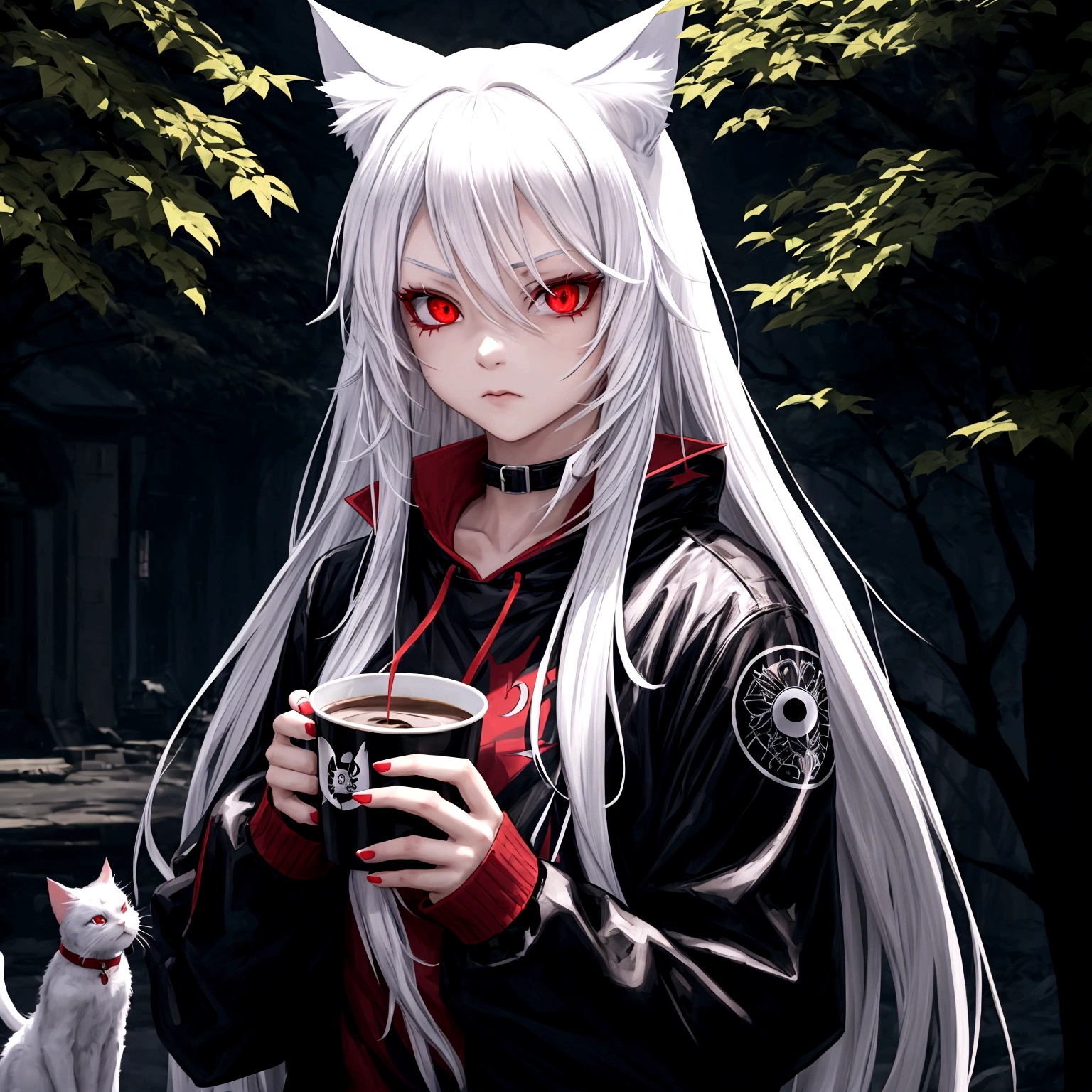 1 girl, beautiful, cool, intimidation, long hair, white hair, cat ear, red eye, black jacket, red t-shirt, holding a coffee, nature place, anime, perfect, masterpiece