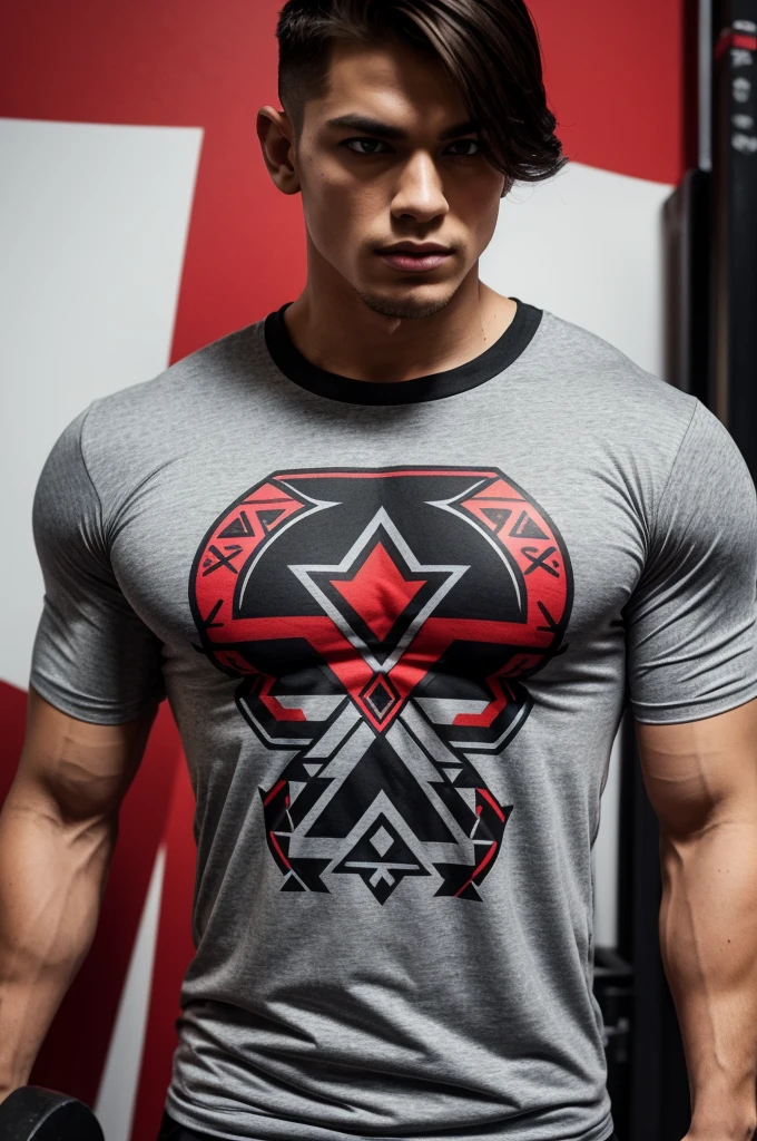 Create the design for a short-sleeved gym t-shirt with a design inspired by ancient Aztec gods and warriors, also in clothing brands like Youngla, Insanity. Try to make the style look aggressive, look great when training, use colors like black on the shirt and gray, white and red in the drawings. remember to put the design on a person. Includes design patterns on the sides of the shirt and in the chest area. the design must cover the entire shirt. On the front of the shirt it should have a more minimalist and simple design, on the back more complex designs, includes both in the same image.