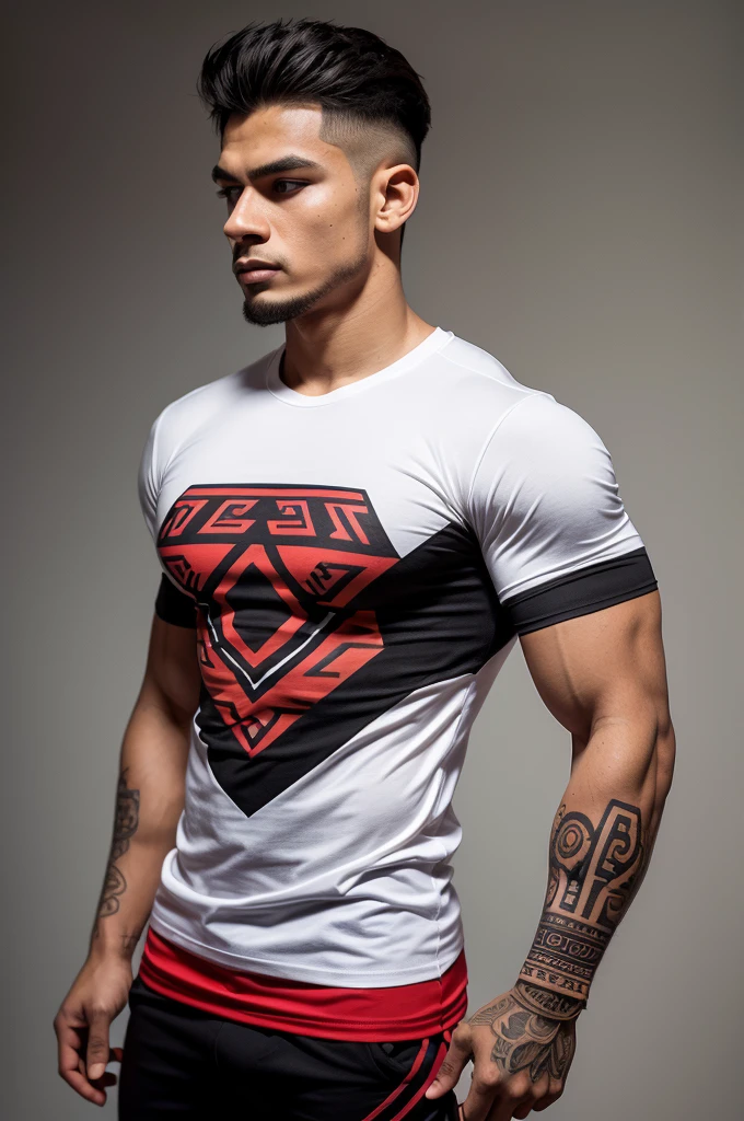 Create the design for a short-sleeved gym t-shirt with a design inspired by ancient Aztec gods and warriors, also in clothing brands like Youngla, Insanity. Try to make the style look aggressive, look great when training, use colors like black on the shirt and gray, white and red in the drawings. remember to put the design on a person. Includes design patterns on the sides of the shirt and in the chest area. the design must cover the entire shirt. On the front of the shirt it should have a more minimalist and simple design, on the back more complex designs, includes both in the same image.