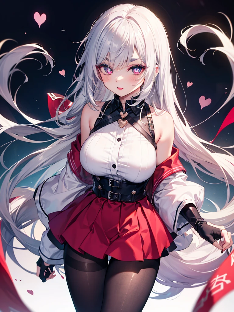 mature_female,silver hair,lipstick,eyeshadow,long_eyelashes,thick eyebrows,ahegao,jitome,heart-shaped_pupils,black_pantyhose,fingerless_gloves,,long hair,shirt