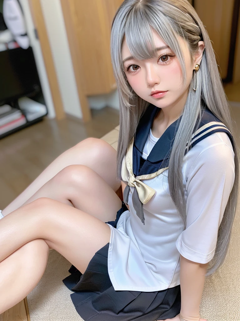 8K, RAW Photos, Fujifilm, Beautiful 20 year old woman style photo, (((Gray Hair:1.3,美しいGray Hairのストレートヘアー、シルキーなGray Hair)))、(((High school student sailor uniform:1.5,))) Gold earrings, (Highly detailed skin: 1.2), Light medium brown hair, Film Grain, 35mm, Cute Style、(((Sitting 1.5)))、Selfie、Spread your legs、sexy、erotic