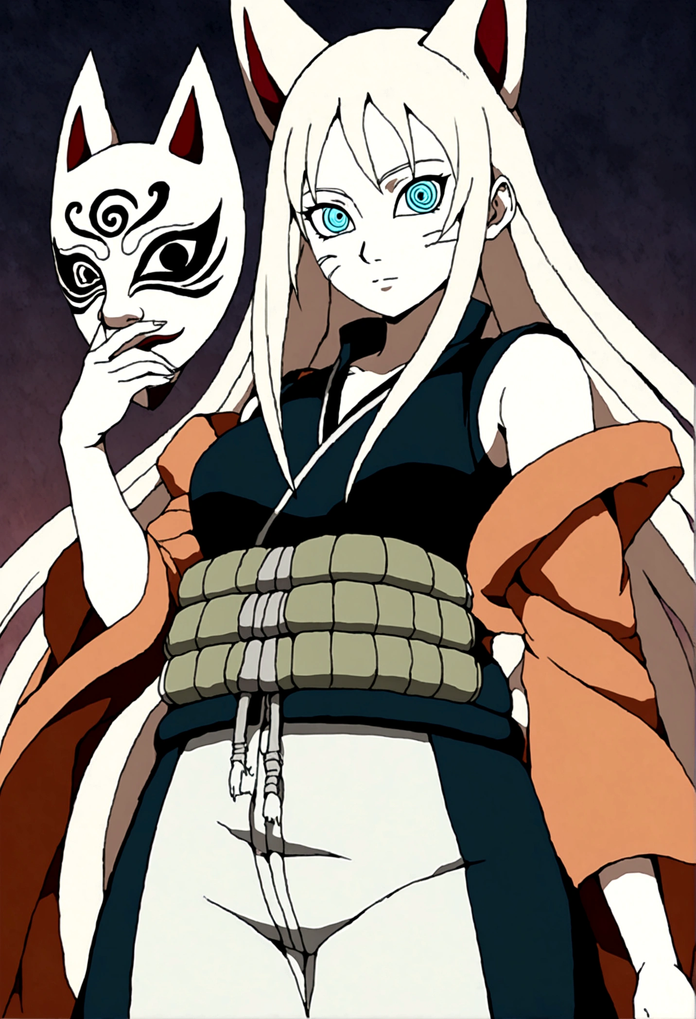 a tall slender woman, long white hair, holding a kitsune mask, green konoha vest, melancholic gaze, anime naruto style, 2D, kishimoto lineart, konoha headwear, detailed face, beautiful intricate eyes, refined facial features, graceful pose, cinematic lighting, vibrant colors, digital art, highly detailed, masterpiece