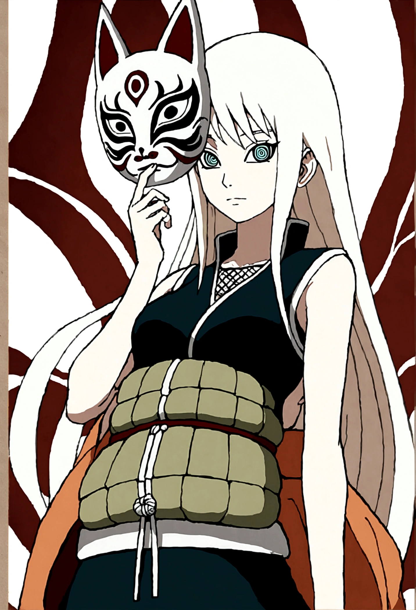 a tall slender woman, long white hair, holding a kitsune mask, green konoha vest, melancholic gaze, anime naruto style, 2D, kishimoto lineart, konoha headwear, detailed face, beautiful intricate eyes, refined facial features, graceful pose, cinematic lighting, vibrant colors, digital art, highly detailed, masterpiece