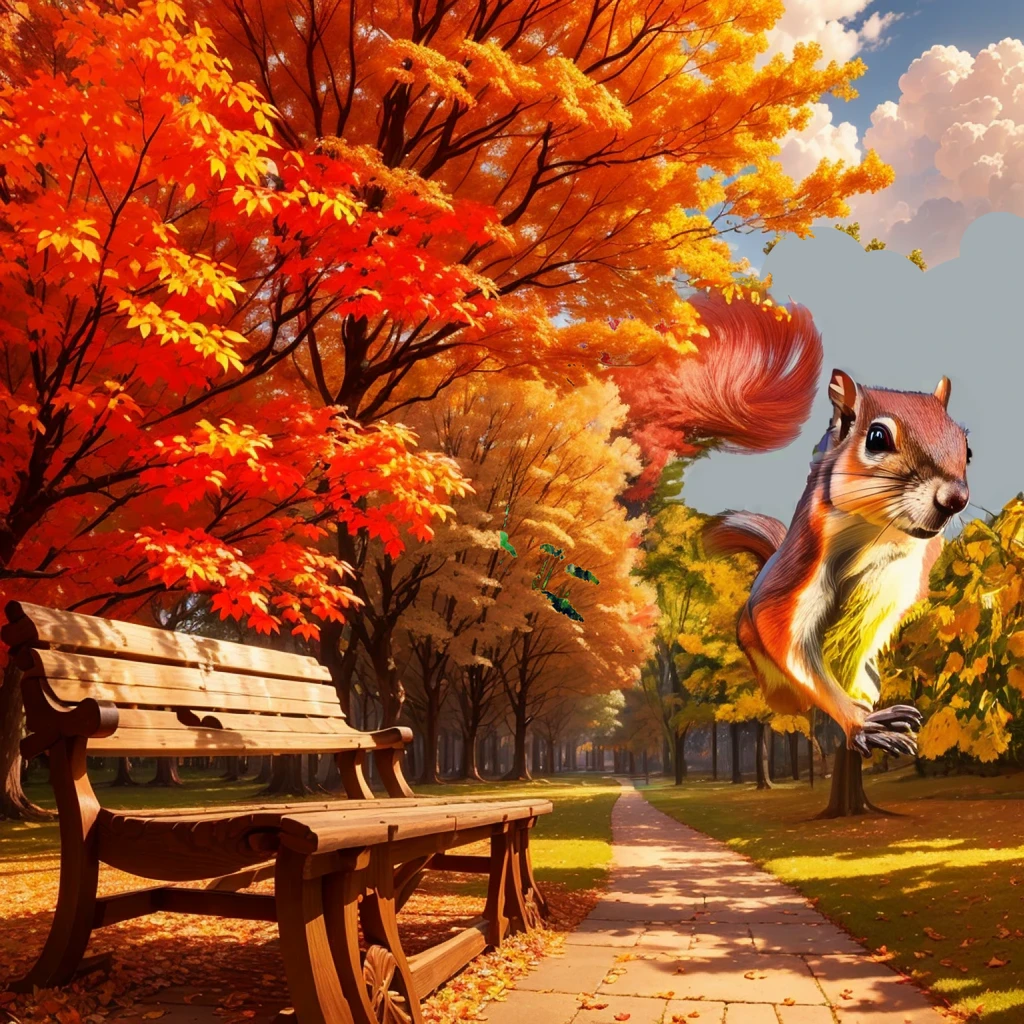 (Highest quality, High resolution), Vibrant colors,Low - Angle,
(Giant squirrel in the distance,Squirrels over 50 meters,Knock down a maple tree,)