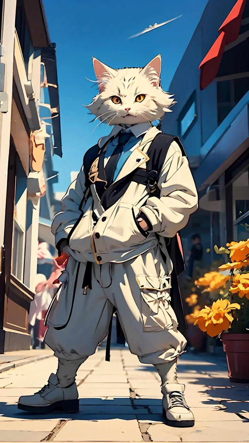 character sheet of anime, (beautiful scenery), whole body, entire body, full body, total body, upright stance, erect posture, (shoes), (Detail of fingers of both hands), There are statues, gentleman, society, company employee, detailed paintings in 4k, gorgeous anime with intricate CGI style, 4k high-definition graphics, Refine and enhance the following anime-style character design: - Fangs: Sharp, prominent fangs - Body: Muscular and large build, with detailed muscle definition realistic texture - Expression: glowing eyes