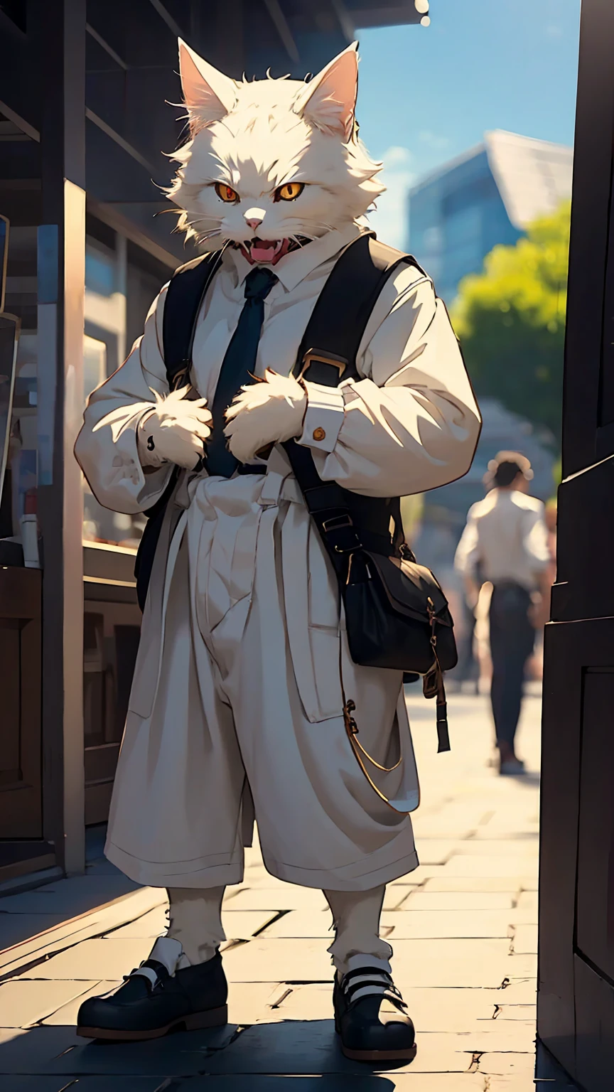 character sheet of anime, (beautiful scenery), whole body, entire body, full body, total body, upright stance, erect posture, (shoes), (Detail of fingers of both hands), There are statues, gentleman, society, company employee, detailed paintings in 4k, gorgeous anime with intricate CGI style, 4k high-definition graphics, Refine and enhance the following anime-style character design: - Fangs: Sharp, prominent fangs - Body: Muscular and large build, with detailed muscle definition realistic texture - Expression: glowing eyes