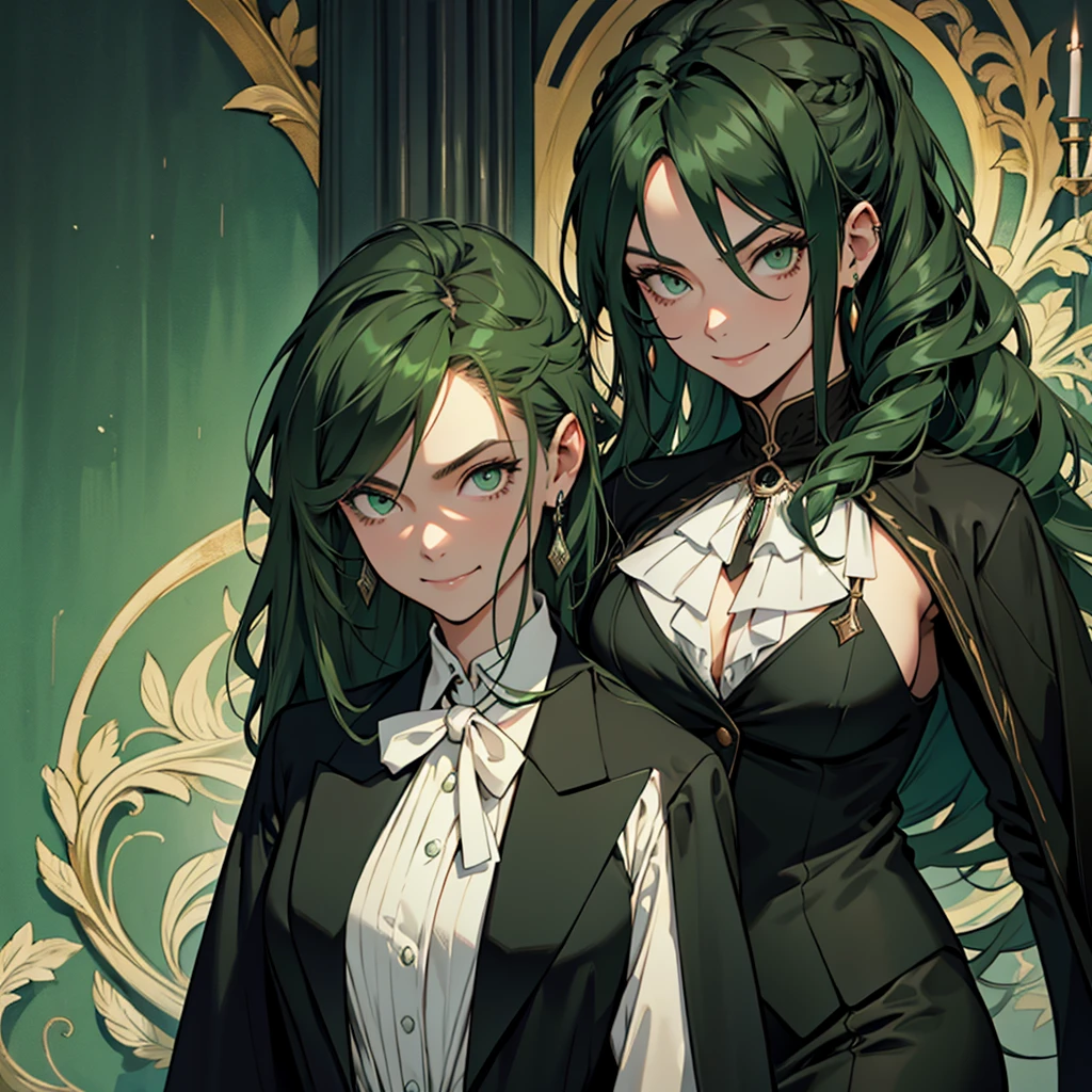 A 30 year old woman, dark green hair, long hair, dark green eyes, serious smiling face, big chest, medieval period, wearing a suit, black suit, tuxedo, wearing a black tuxedo, medieval background, Ultra HD 4k, 4k, UltraHD