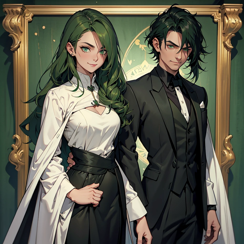 A 30 year old woman, dark green hair, long hair, dark green eyes, serious face, mischievous smile, big chest, medieval period, wearing a suit, black suit, tuxedo, wearing a black tuxedo, medieval background, Ultra HD 4k, 4k, Ultra HD