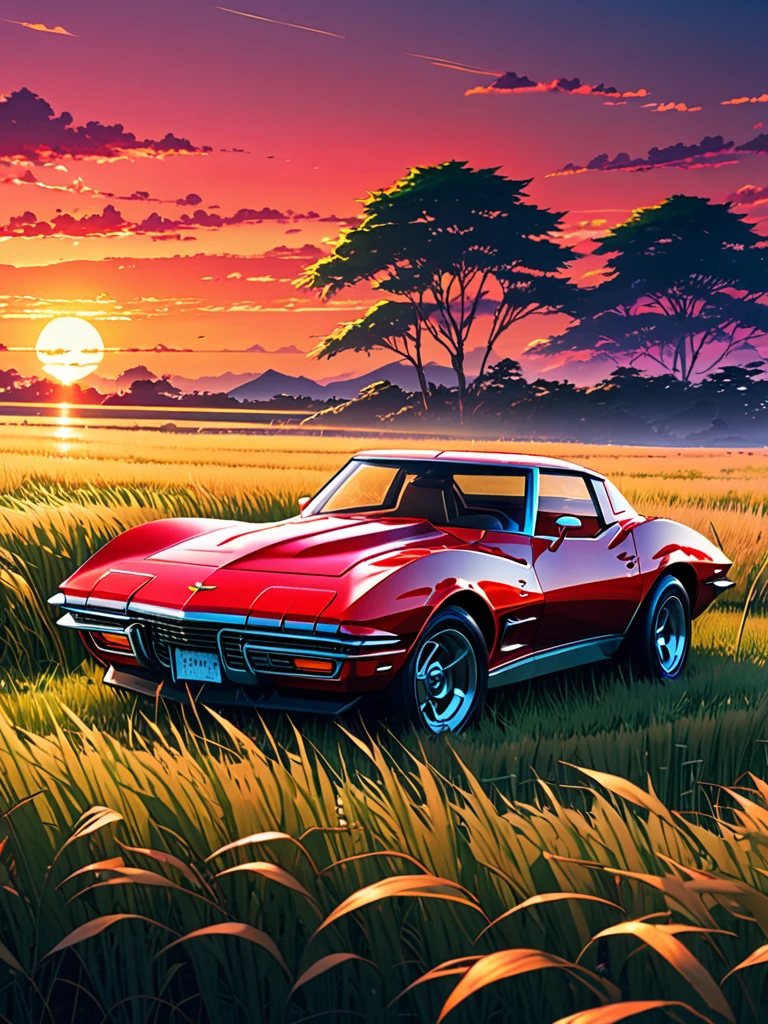 anime landscape of A red classic Chevrolet Corvet sits in a field of tall grass with a sunset in the background.beautiful anime scene, beautiful anime peace scene, Makoto Shinkai Cyril Rolando, beautiful anime scene, amazing wallpaper, anime art wallpaper 8k, anime background, artistic anime background, anime wallpaper 4k, anime art 4k wallpaper, anime wallpaper art 4k,