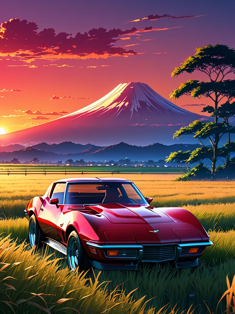 anime landscape of A red classic Chevrolet Corvet sits in a field of tall grass with a sunset in the background.beautiful anime scene, beautiful anime peace scene, Makoto Shinkai Cyril Rolando, beautiful anime scene, amazing wallpaper, anime art wallpaper 8k, anime background, artistic anime background, anime wallpaper 4k, anime art 4k wallpaper, anime wallpaper art 4k,