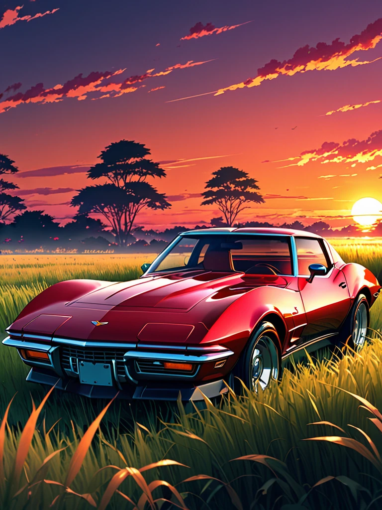 anime landscape of A red classic Chevrolet Corvet sits in a field of tall grass with a sunset in the background.beautiful anime scene, beautiful anime peace scene, Makoto Shinkai Cyril Rolando, beautiful anime scene, amazing wallpaper, anime art wallpaper 8k, anime background, artistic anime background, anime wallpaper 4k, anime art 4k wallpaper, anime wallpaper art 4k,