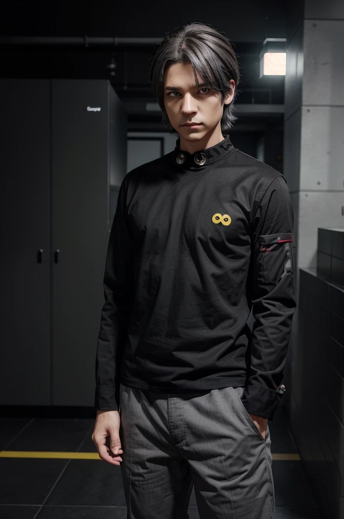 Create fanart, Male character, black to grayish hair, dark red eyes, black shirt with yellow buttons on the neck and long sleeves, wearing dark gray pants,make like an minecraft character