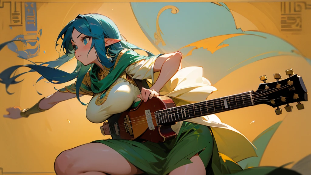 Anime Style,Nostalgic,Detailed background,The medieval world,A lively bar with lots of people,Smiling bard black haired beautiful elf,guitar,Large Breasts,Healthy thighs,Underarm